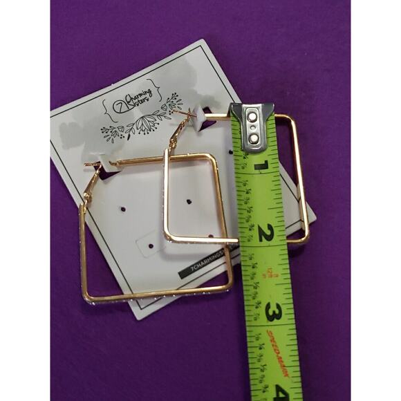 Large Geometric Design Square Hoop Earrings In Gold Tone Metal & Glittery Accent - Picture 4 of 8